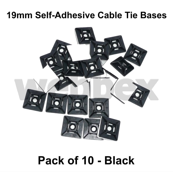 Pack of 10 x 19mm Black Self-Adhesive Cable Tie Bases