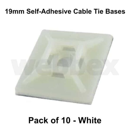 Pack of 10 x 19mm White Self-Adhesive Cable Tie Bases