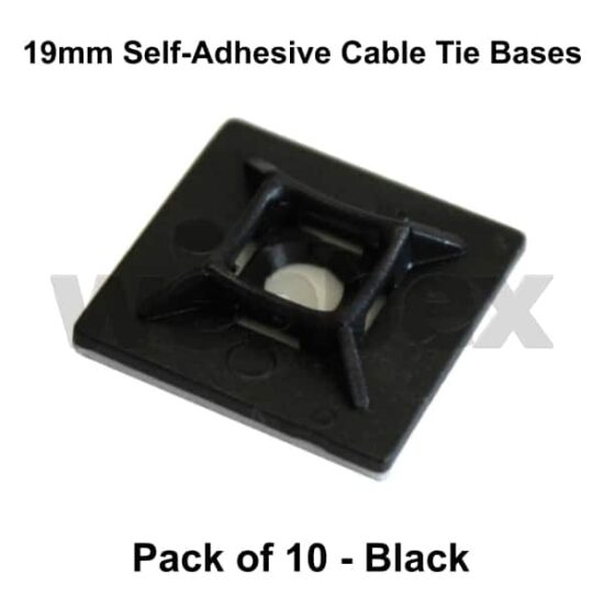 Pack of 10 x 19mm Black Self-Adhesive Cable Tie Bases