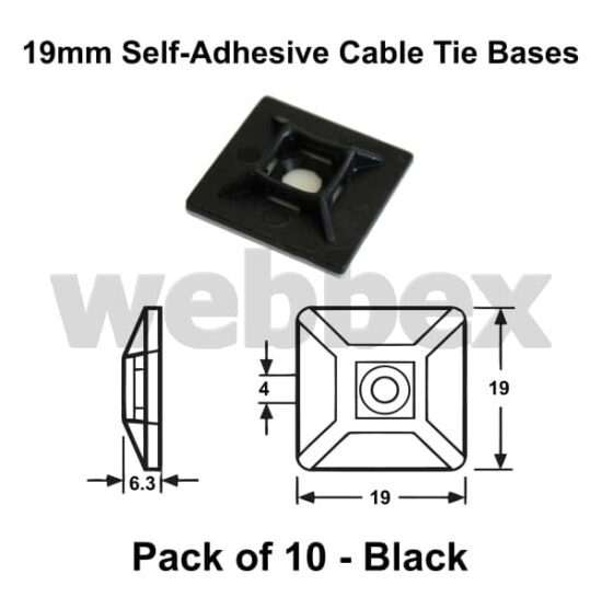 Pack of 10 x 19mm Black Self-Adhesive Cable Tie Bases