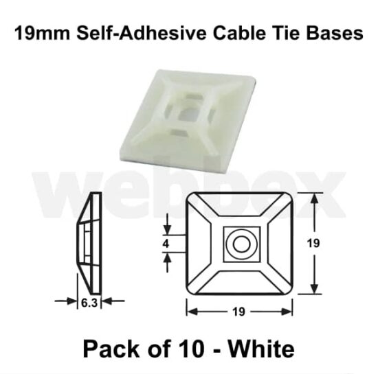 Pack of 10 x 19mm White Self-Adhesive Cable Tie Bases